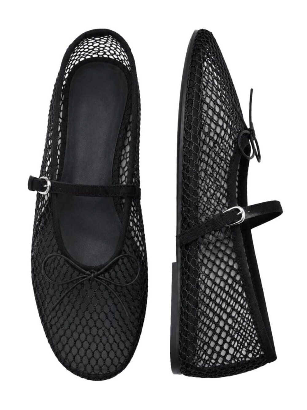 Mesh Ballet Flats - Mary Jane Flats with Bow Decoration, Adjustable Strap
